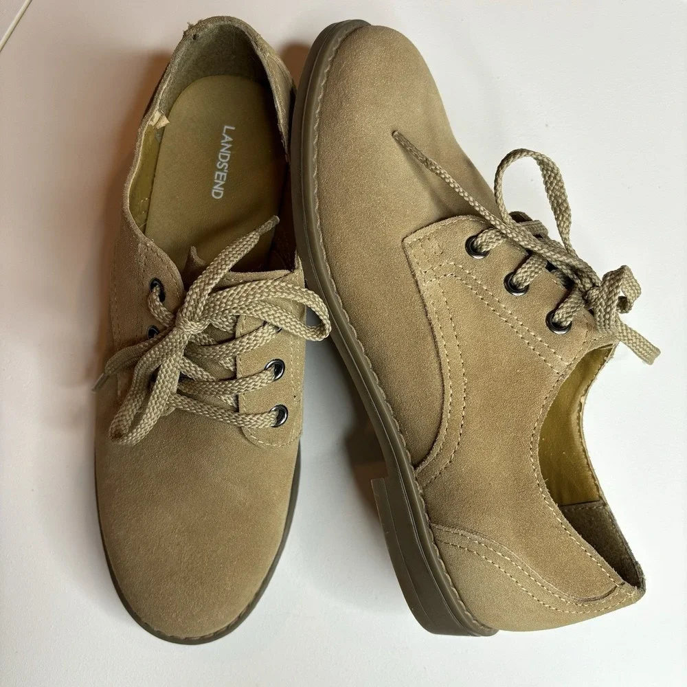 Lands' End Boys Oxford Dress Shoe Size 3 Tan Suede Leather Lace Up Brown Preppy‎